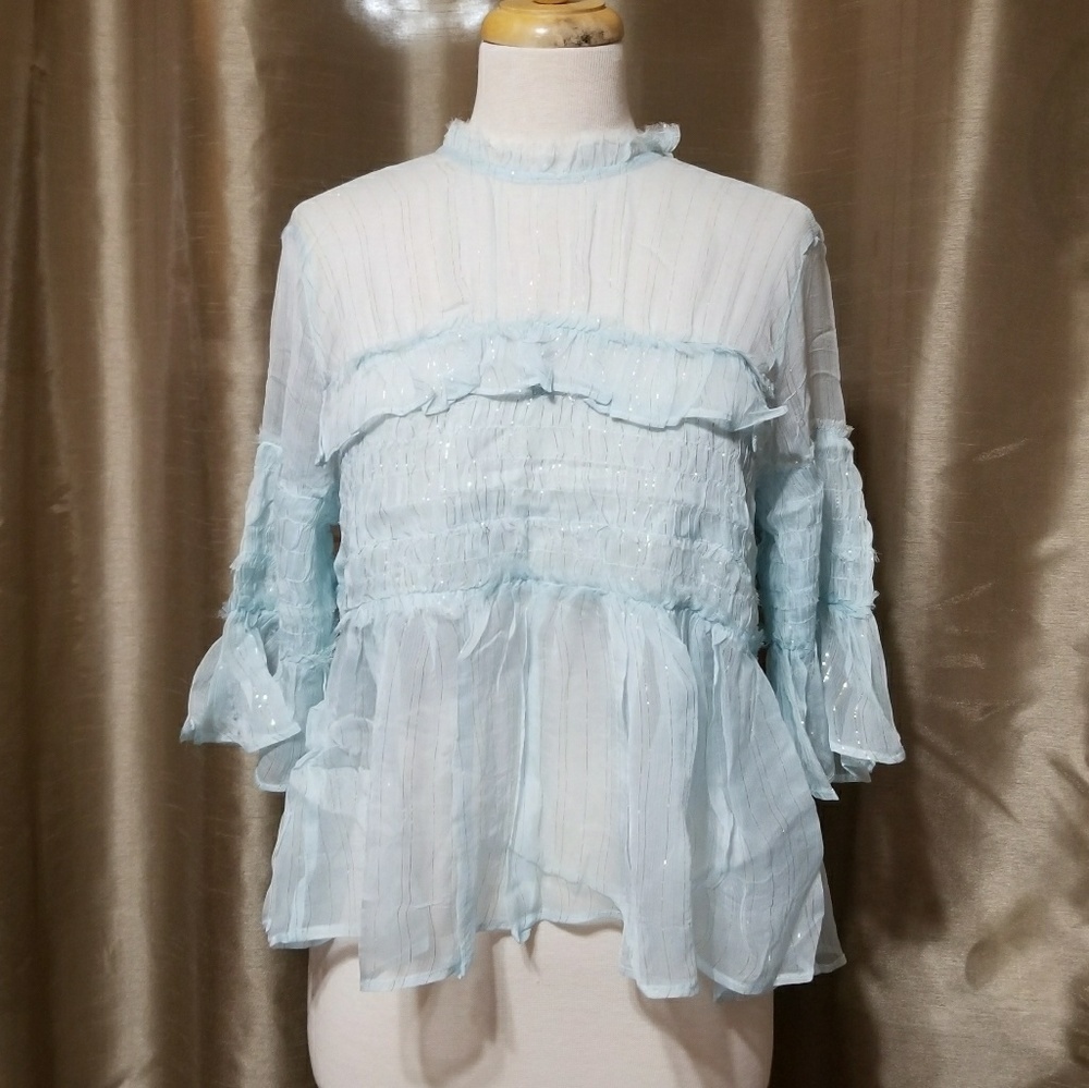 TOPSHOP Metallic Stripe Tulle Sheer Blouse Top - Picture 2 of 8